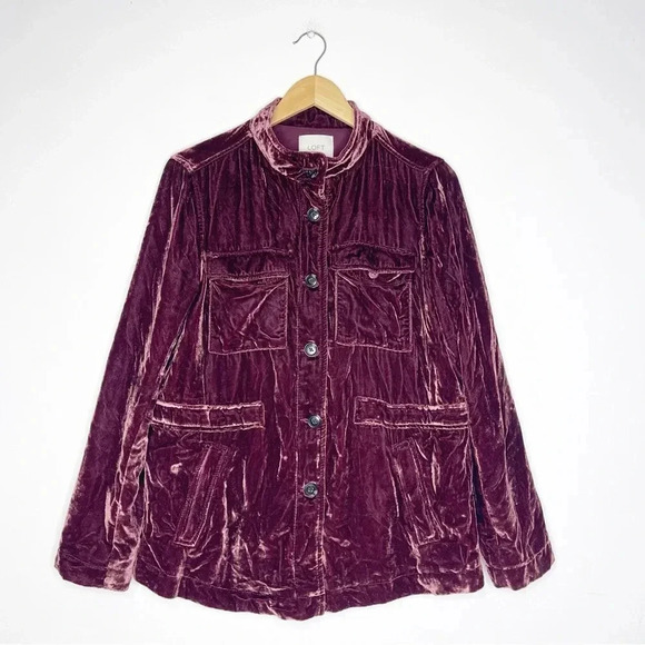 Loft Women's Burgundy Velvet Utility Jacket Size Medium - Picture 2 of 7